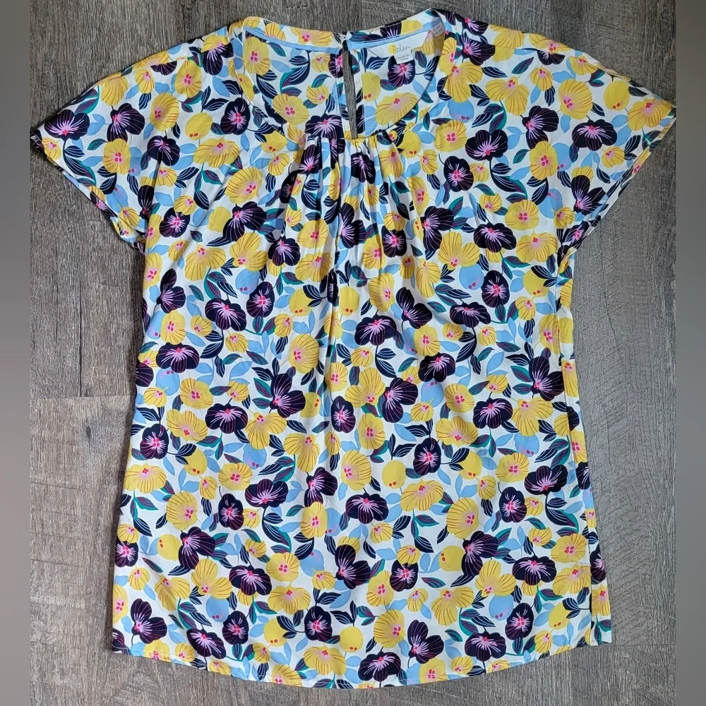 Boden Florence Floral Blouse Women's 4 Yellow Blue Pansies Silk Blend Short Slee